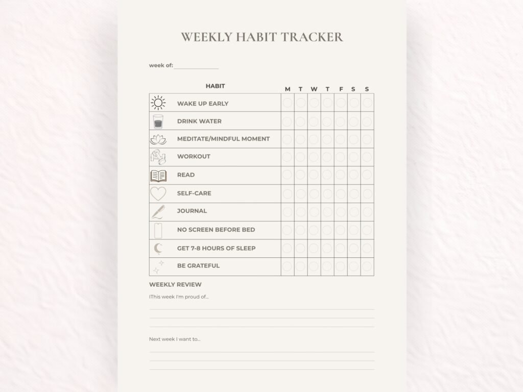Weekly habit tracker printable with daily habits and a weekly review section