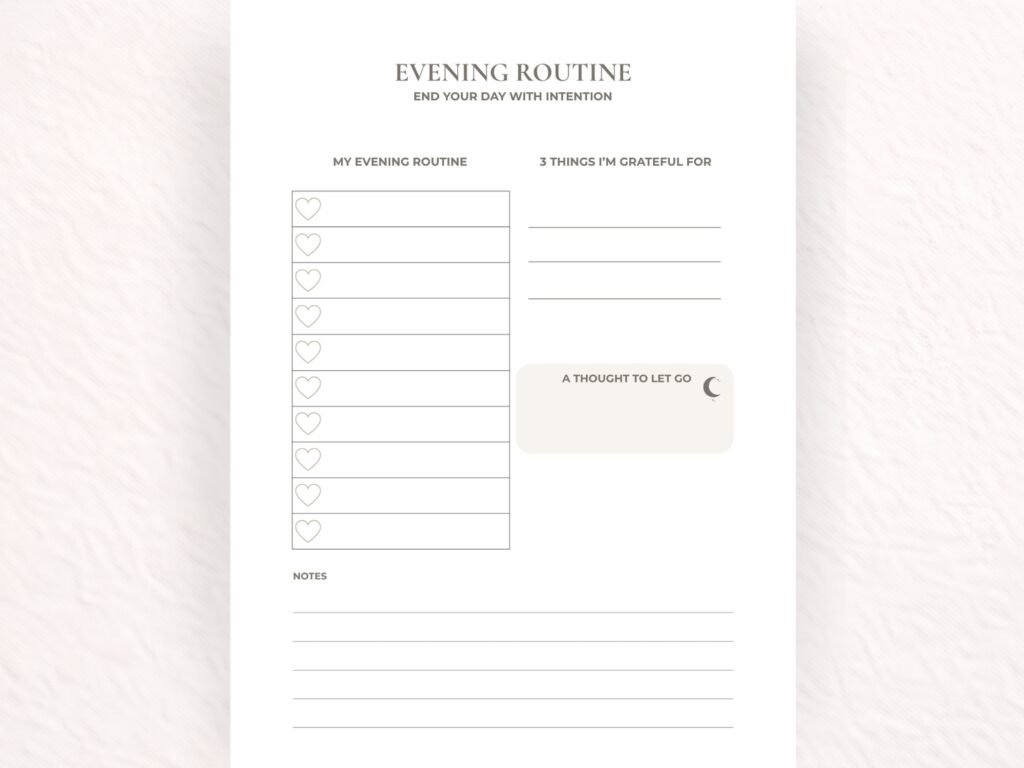 Evening routine printable with gratitude prompts, reflection space and notes ✅