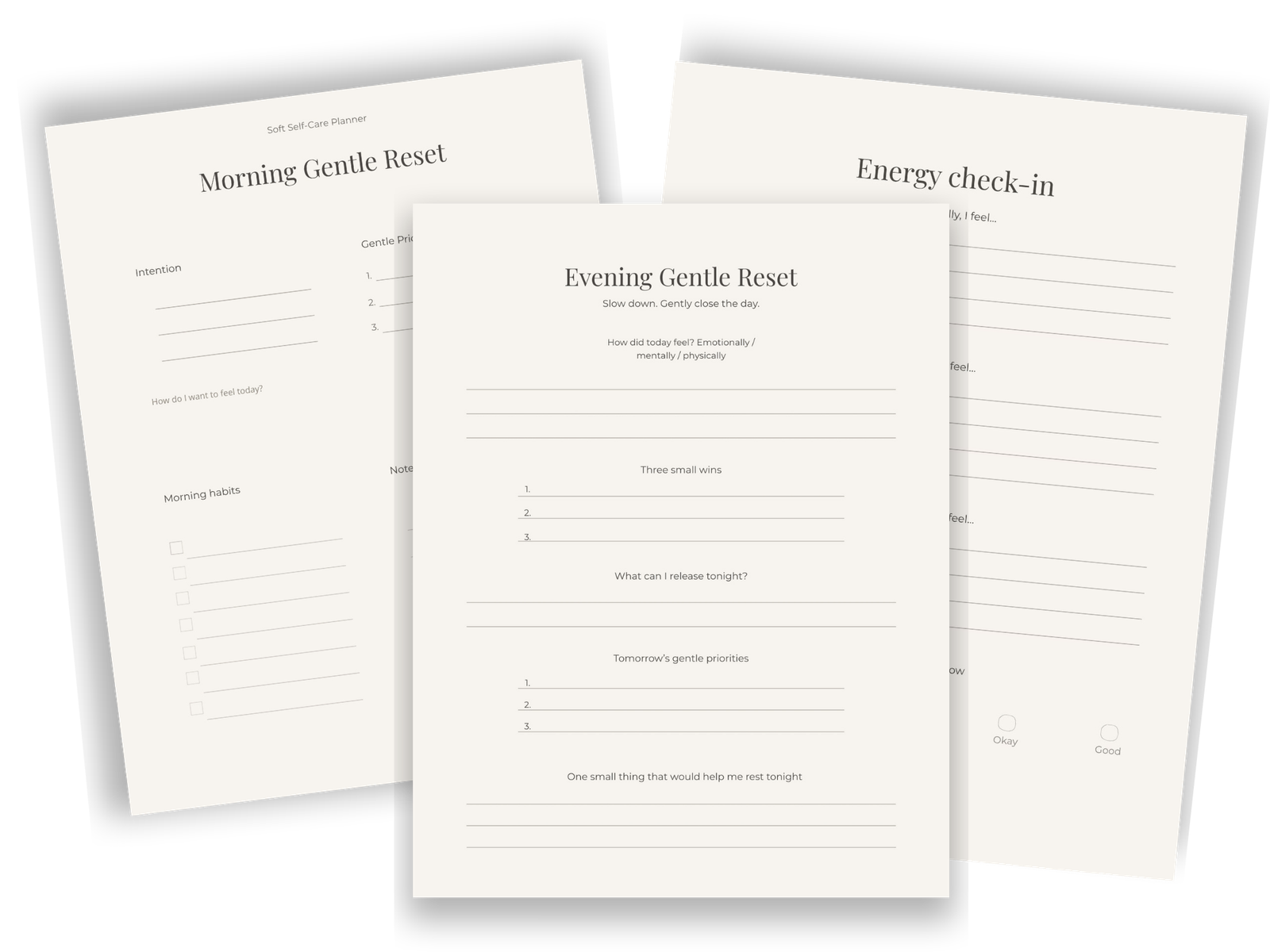 Self-care planner bundle with morning reset, evening reset and energy check-in printables