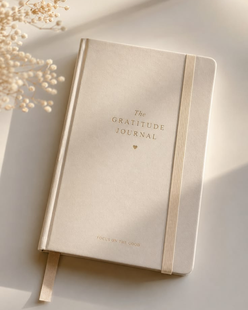 Beige gratitude journal on a sunlit desk